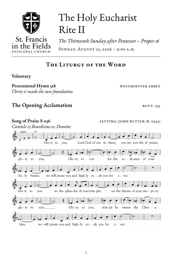 Minimal format, opening page: the title block, then service headings with Prayer Book page numbers, the hymn, and the Song of Praise in printed music. No welcome note and no Prayer Book text.