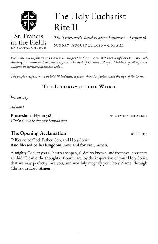 Standard format, opening page: the title block, the welcome note set inline under it, then the Liturgy of the Word with the full text of the Opening Acclamation.