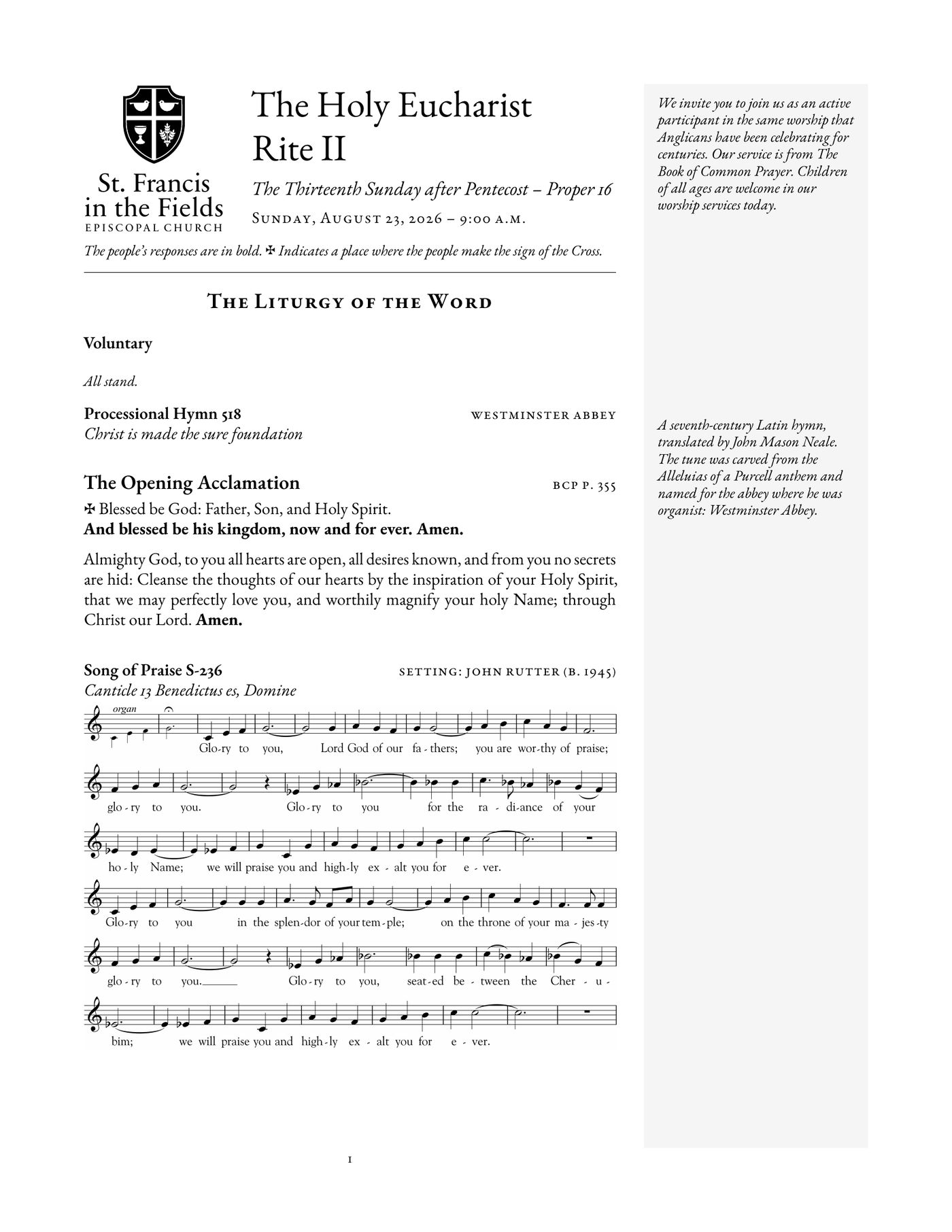 Page 1 of the 9:00 leaflet for August 23, 2026: the parish shield, the title The Holy Eucharist Rite II with the Sunday and date, The Liturgy of the Word, Processional Hymn 518, the Opening Acclamation, the Collect for Purity, and the Song of Praise in printed music, with a welcome note and a hymn note in the margin band.