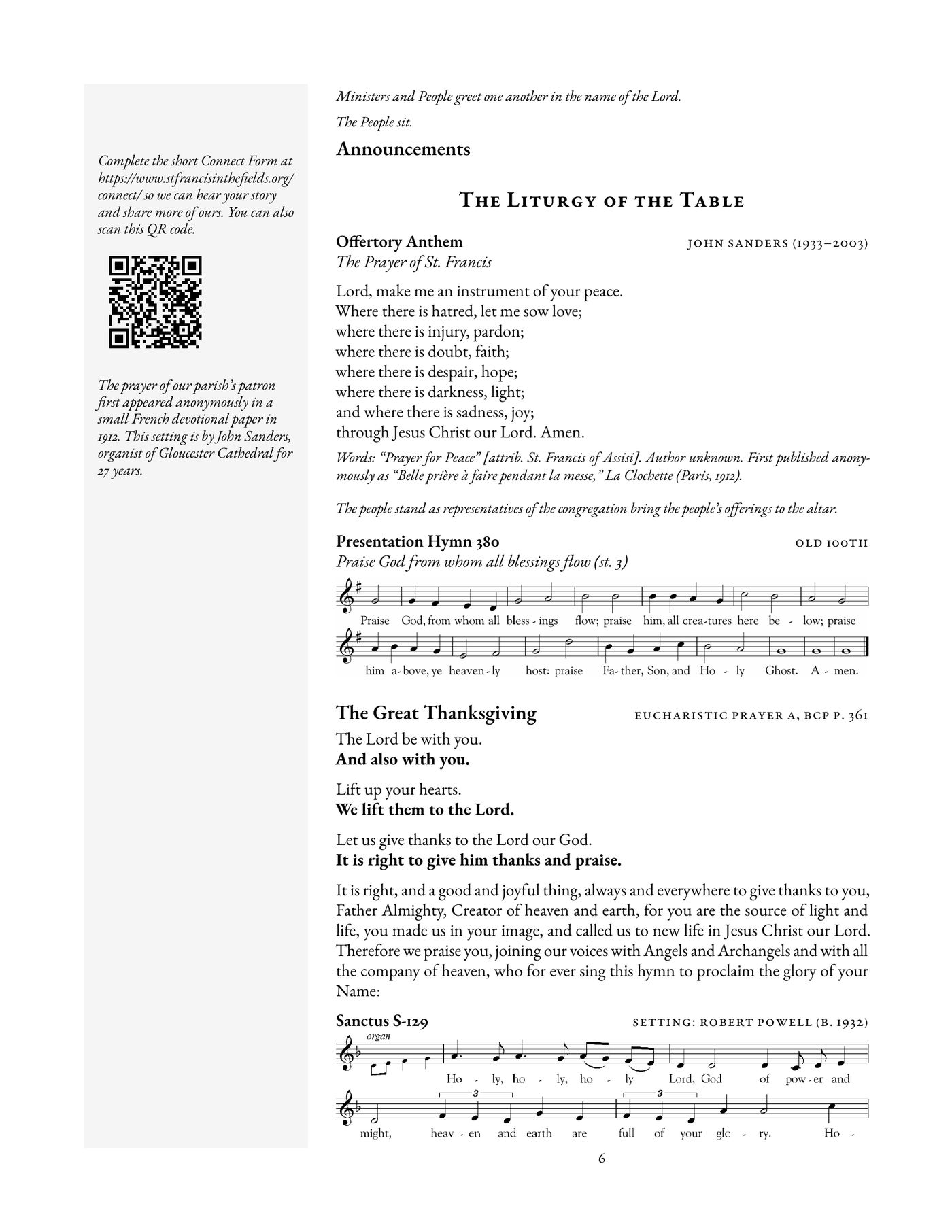 Page 6 of the 9:00 leaflet for Sunday, August 23, 2026: the margin band on the left with a note on the Prayer of St. Francis, then the heading The Liturgy of the Table, the Offertory Anthem, Presentation Hymn 380 in printed music, the opening of the Great Thanksgiving with the people's responses in bold, and the start of the Sanctus.