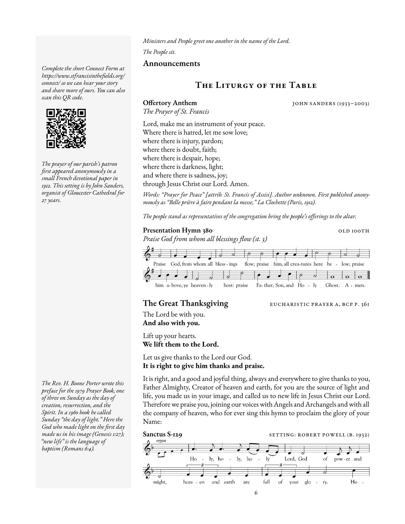 Page 6 of the 9:00 leaflet for Sunday, August 23, 2026: the margin band on the left with notes on the Prayer of St. Francis and the Proper Preface, then the heading The Liturgy of the Table, the Offertory Anthem, Presentation Hymn 380 in printed music, the opening of the Great Thanksgiving with the people's responses in bold, and the start of the Sanctus.