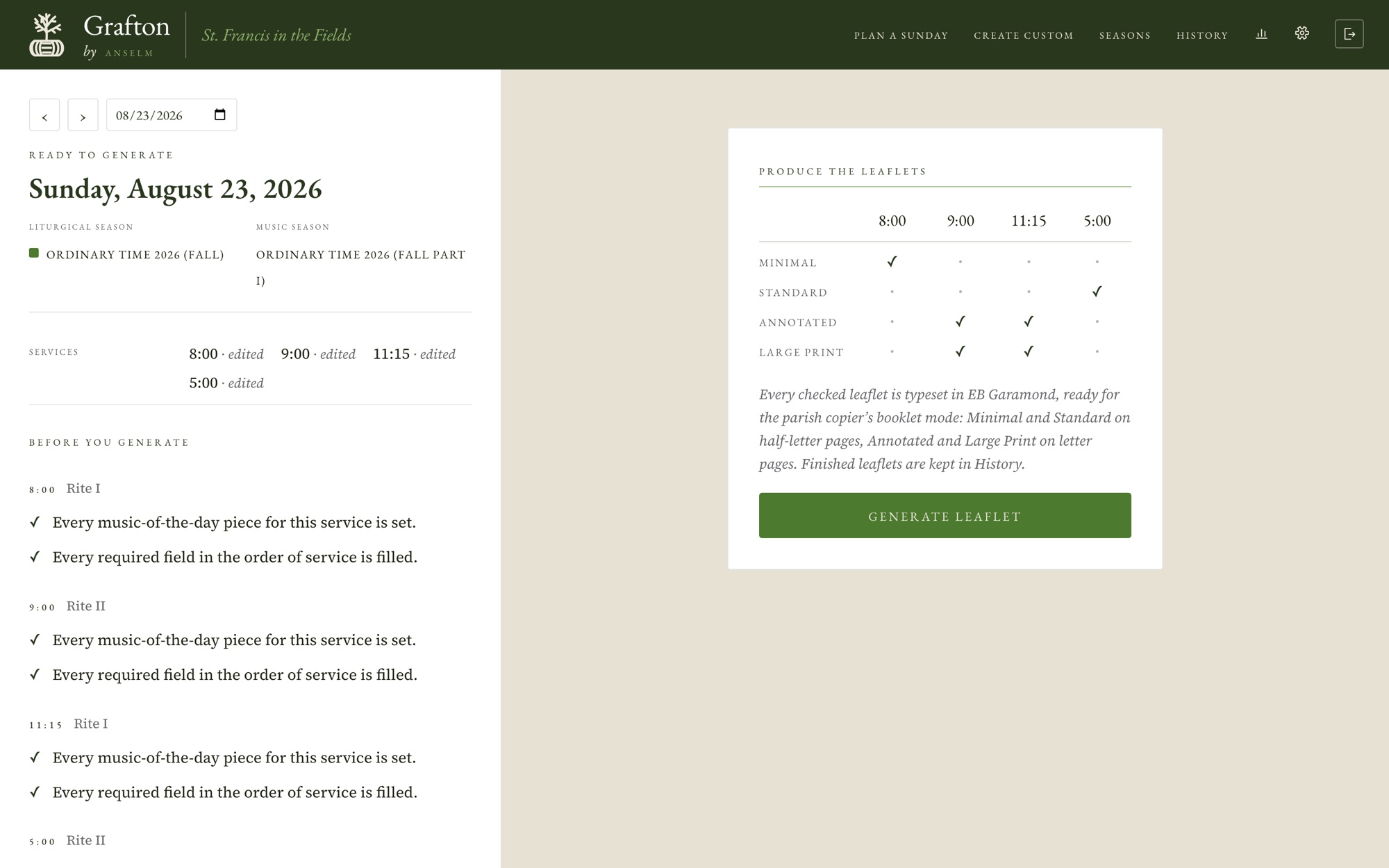 Grafton's Generate screen: readiness checks for each service, and a grid of leaflet formats by service with a Generate leaflet button.