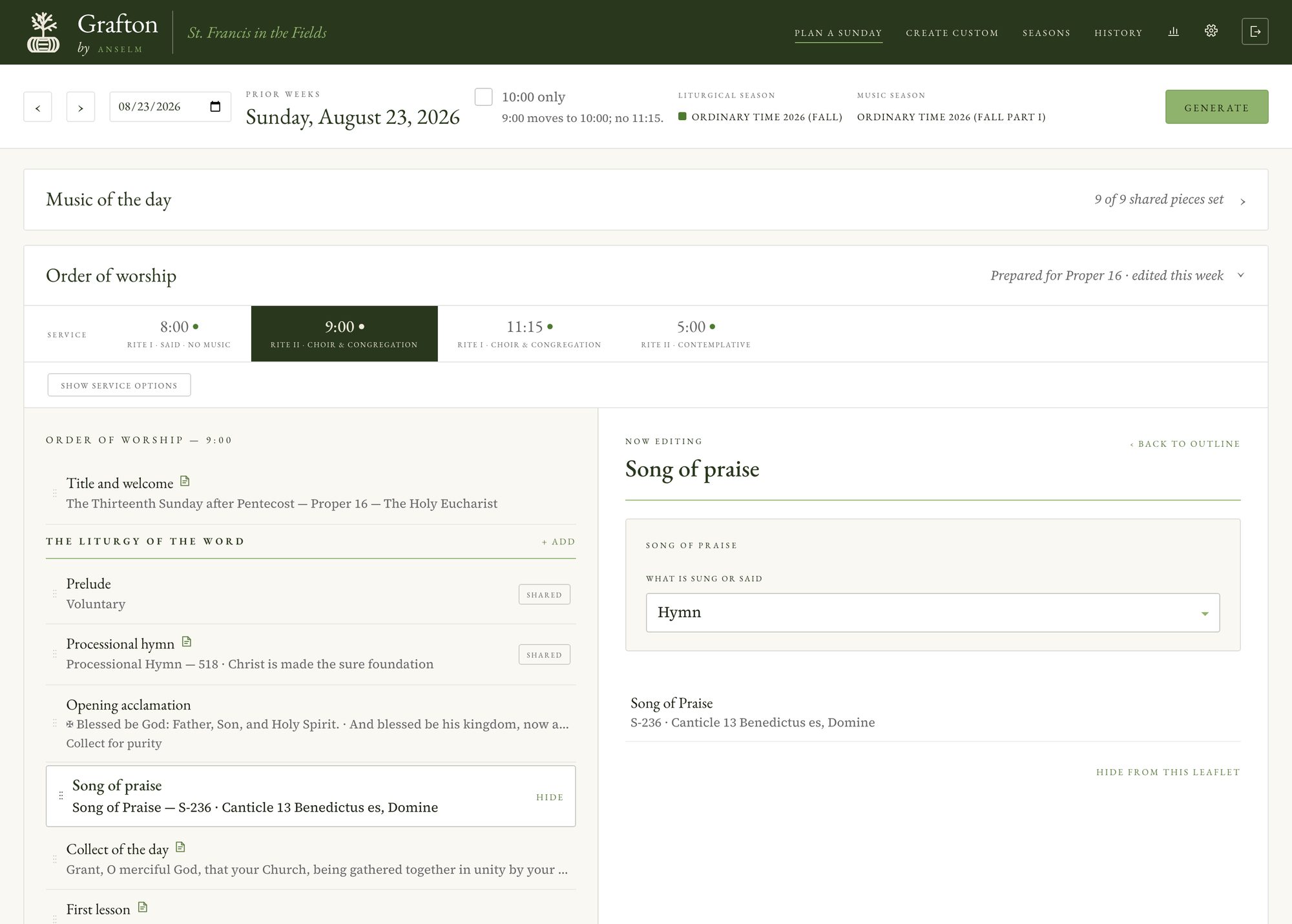 The Grafton workspace, Plan a Sunday. Across the top: the date, the liturgical and music seasons, and a Generate button. Below: tabs for the 8:00, 9:00, 11:15 and 5:00 services, the order of worship for the 9:00 service as a list of blocks, and the Song of praise block open for editing, set to S-236, Canticle 13 Benedictus es, Domine.
