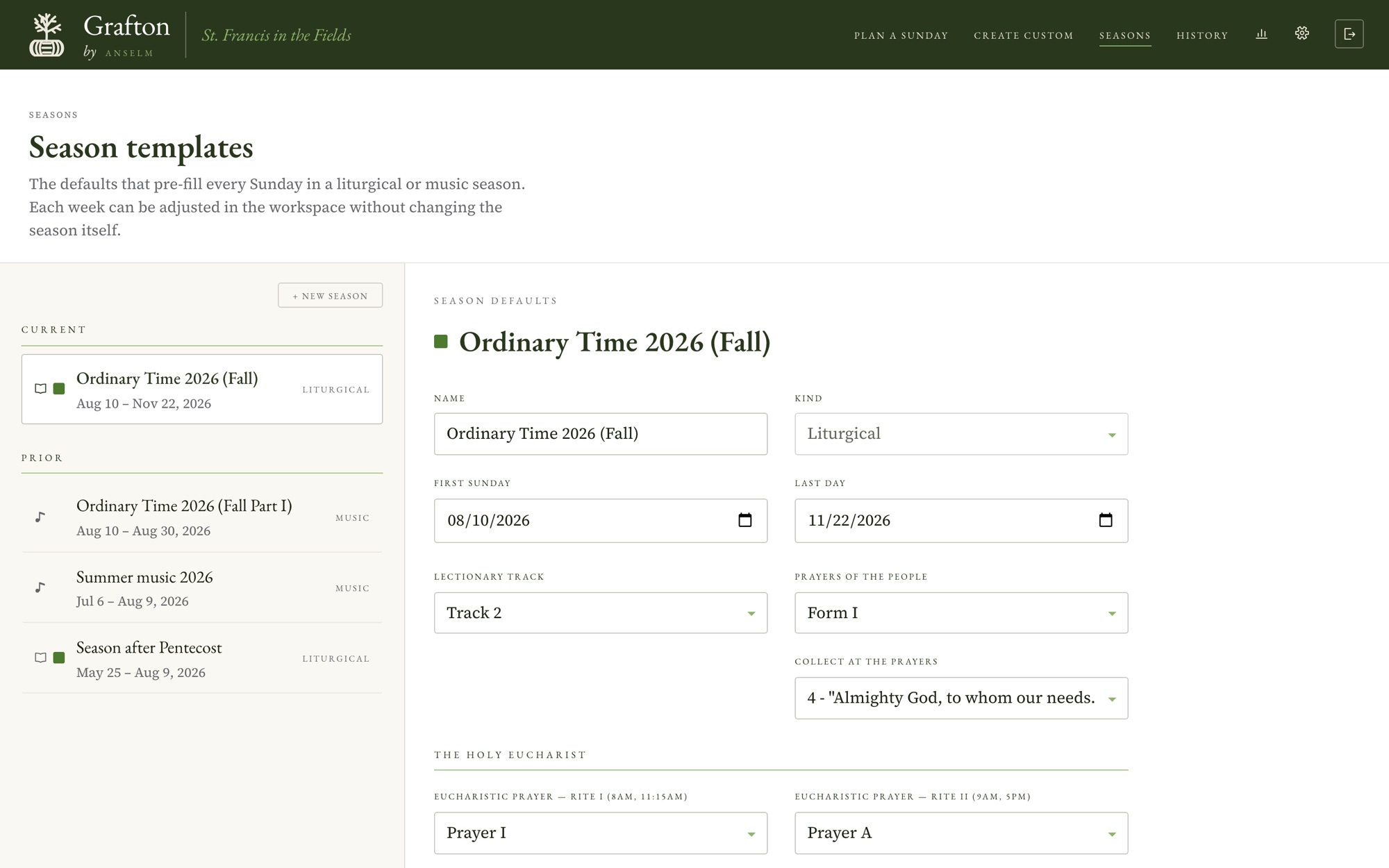 Grafton's Season templates screen, showing the defaults for Ordinary Time 2026 (Fall).